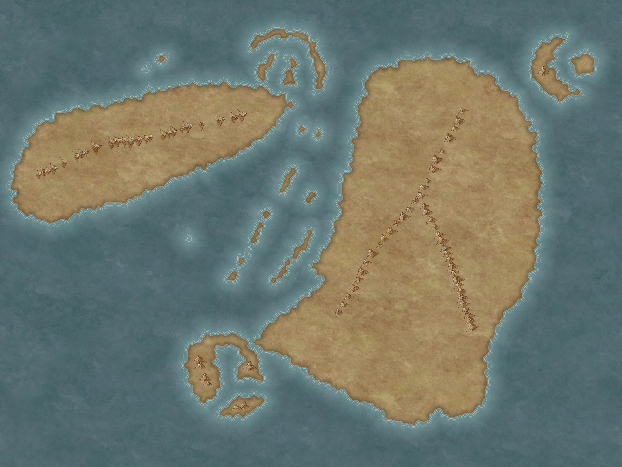 This is a map of Junoe. There are 2 major landmasses, one on the right and one on the left. The Right landmass is the largest. The left landmass is almost horizontal.